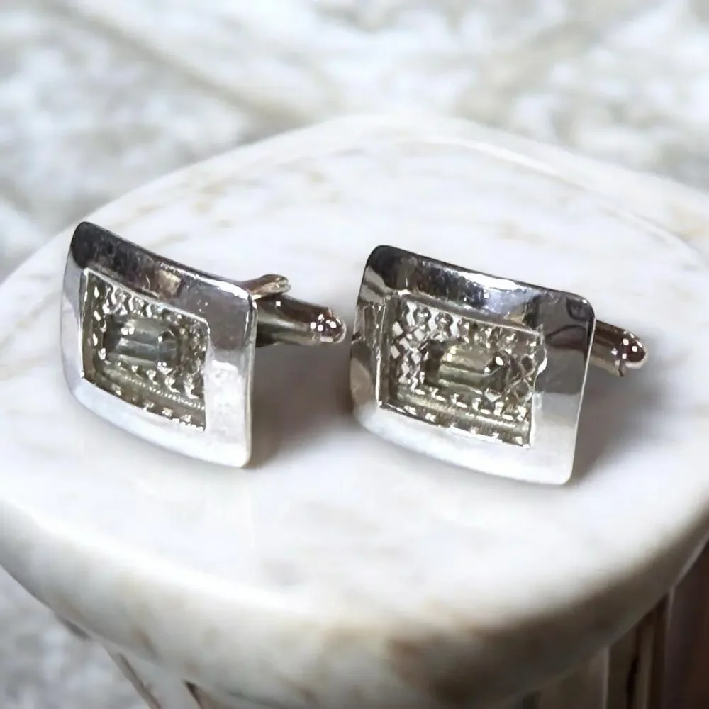Vintage Shields Cufflinks Mens Silver Tone Emerald Cut Glass Mesh Back Bullet